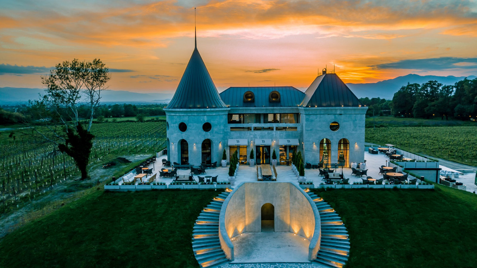 Chateau Buera at sunset above the Lopota vineyards